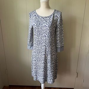 Tart Blue and White Ikat 3/4‎ Sleeve Shift Dress sz MED